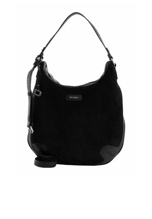 Sac à bandoulière en daim noir avec bandoulière réglable, fermeture éclair et écusson logo "PICARD" au centre devant.