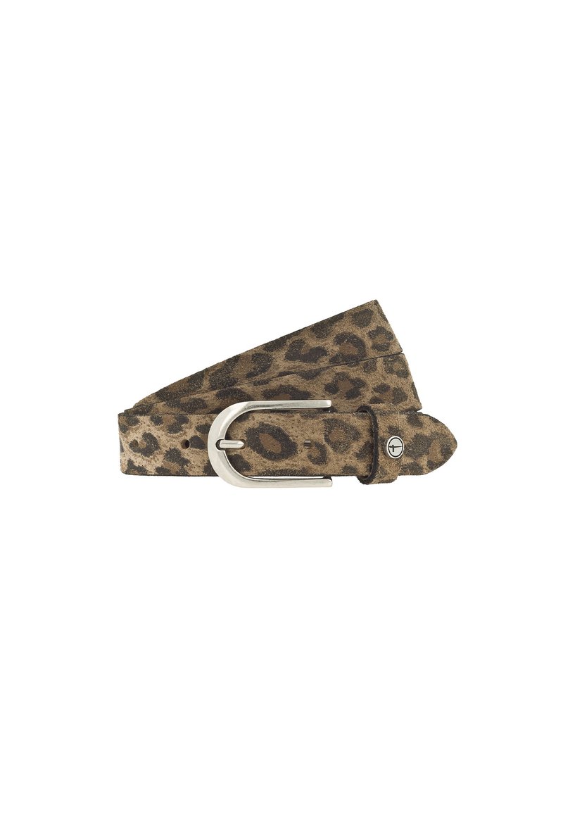 Cintura in suede con stampa leopardata marrone, fibbia in metallo argentato e piccolo logo rotondo sul passante della cintura.