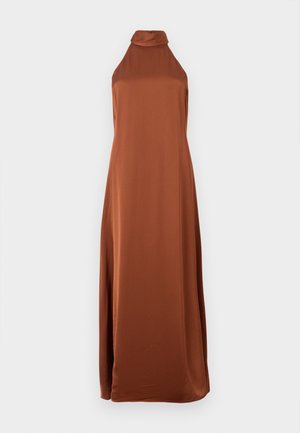 Sleeveless, floor-length satin dress in burnt orange with a high cowl neck and a smooth, flowing silhouette.