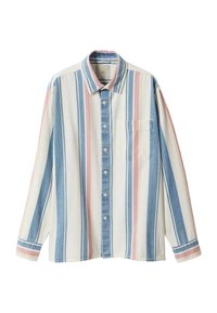 Koszula w paski z lekkiego materiału; posiada niebieskie, różowe i białe pionowe paski, zapięcie na guziki oraz kieszonkę na piersi.