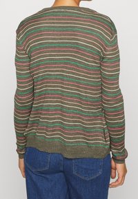 Brązowy sweter w paski z zielonymi, różowymi i kremowymi liniami. Posiada okrągły dekolt i długie rękawy, wykonany z teksturowanej dzianiny.