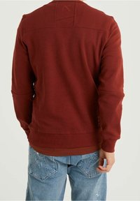 Sweat-shirt rouge en coton avec poignets et ourlet côtelés, présentant un panneau texturé au dos et un petit détail de logo près de la taille.