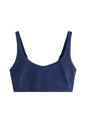 Granatowy biustonosz sportowy z szerokimi ramiączkami, dekoltem w kształcie litery U i bezszwowym materiałem zaprojektowanym z myślą o komforcie i wsparciu.