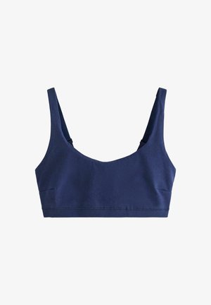 Granatowy biustonosz sportowy z szerokimi ramiączkami, dekoltem w kształcie litery U i bezszwowym materiałem zaprojektowanym z myślą o komforcie i wsparciu.