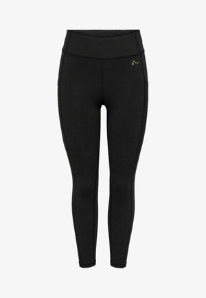 Leggings noirs en tissu extensible, avec une taille haute, des panneaux latéraux texturés et un petit logo près de la hanche.