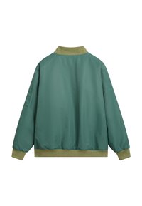 Lightweight bomber jacket in solid green, featuring a ribbed olive collar and cuffs, with a smooth, matte texture and relaxed shape.