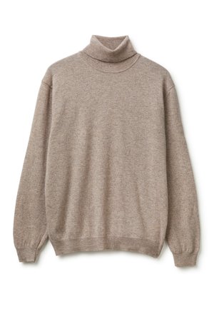Beige coltrui gemaakt van zacht breiwerk. Heeft lange mouwen en een ribgebreide zoom. Eenvoudig, gezellig ontwerp met minimale details.