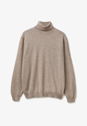 Beige Rollkragenpullover aus weichem Strickstoff. Hat lange Ärmel und einen gerippten Saum. Einfaches, gemütliches Design mit minimalen Details.