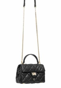 Czarna pikowana skórzana torebka z górnym uchwytem, odczepianym łańcuszkiem, złotym okuciem i klapką z prostokątną klamrą.