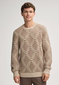 Strickpullover in Beige und Hellbraun mit geometrischem Muster. Rippb�ündchen und -saum, runder Halsausschnitt, strukturierter Stoff.