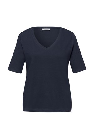 T-shirt femme manches courtes bleu marine foncé avec col en V, coupe décontractée et petite étiquette de marque à l'intérieur du col.