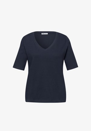 T-shirt femme manches courtes bleu marine foncé avec col en V, coupe décontractée et petite étiquette de marque à l'intérieur du col.