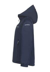 Granatowa miękka kurtka typu softshell z kapturem, zapinana na zamek kieszeń z przodu, elastyczne mankiety oraz logo na ramionach. Gładka faktura, dopasowany krój.
