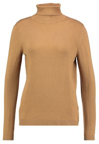 Maglione a collo alto color marrone chiaro in un morbido tessuto lavorato a maglia. Presenta maniche lunghe e un colletto e orlo a coste. Design semplice e aderente.