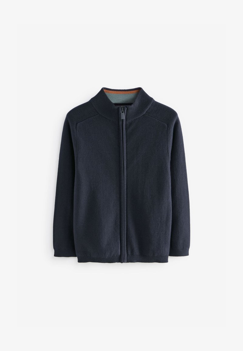 Maglione zip-up blu navy con collo alto, polsini a coste e texture liscia. Presenta una fodera interna a contrasto nel colletto.