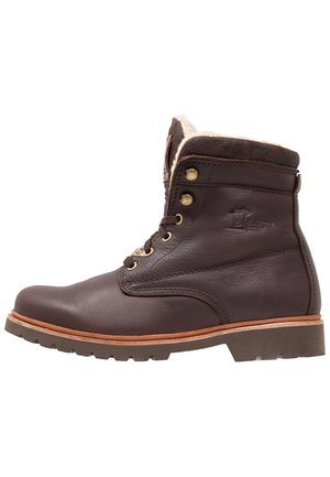 Dunkelbrauner Leder-Schnürstiefel mit dicker Profilsohle und gepolstertem Schaft, ausgestattet mit beigem Innenfutter und Metallösen.