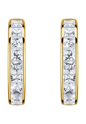 Goldene Creolenohrringe, jeweils mit einer vertikalen Reihe von sieben quadratisch geschliffenen klaren Edelsteinen besetzt.