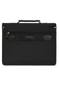 Cartella per laptop nera in nylon testurizzato, con manico superiore, tasca anteriore con zip e etichetta del marchio in rilievo. Superficie liscia e resistente.