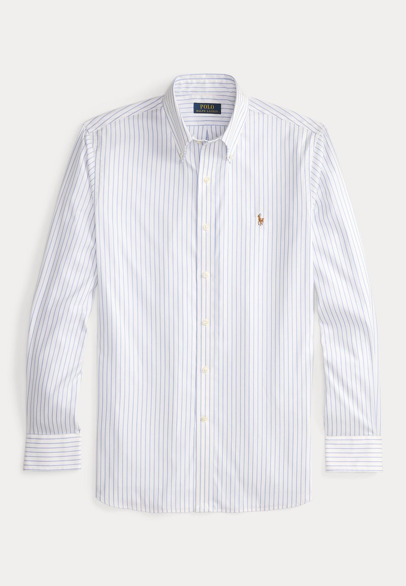 White button-up shirt with blue vertical stripes, long sleeves, buttoned cuffs, and a small embroidered logo on the chest. Cotton blend fabric.