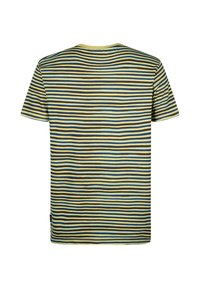T-shirt à rayures avec des manches courtes, présentant des lignes horizontales en jaune, bleu et noir. Fabriqué en tissu doux avec un col rond.