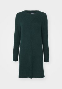 Abito lungo a maniche lunghe di colore verde scuro lavorato a maglia, con un motivo testurizzato, dotato di scollatura rotonda e una vestibilità comoda. Design semplice ed elegante.