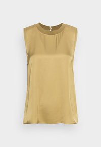 Blusa sin mangas en un suave satén dorado claro. Escote redondeado con cierre en la parte posterior. Textura lisa y corte relajado.