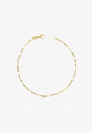 Bracciale in oro con catena, caratterizzato da forme ovali e rotonde collegate, finitura lucida, con chiusura a gancio sicura. Design semplice con superficie riflettente.