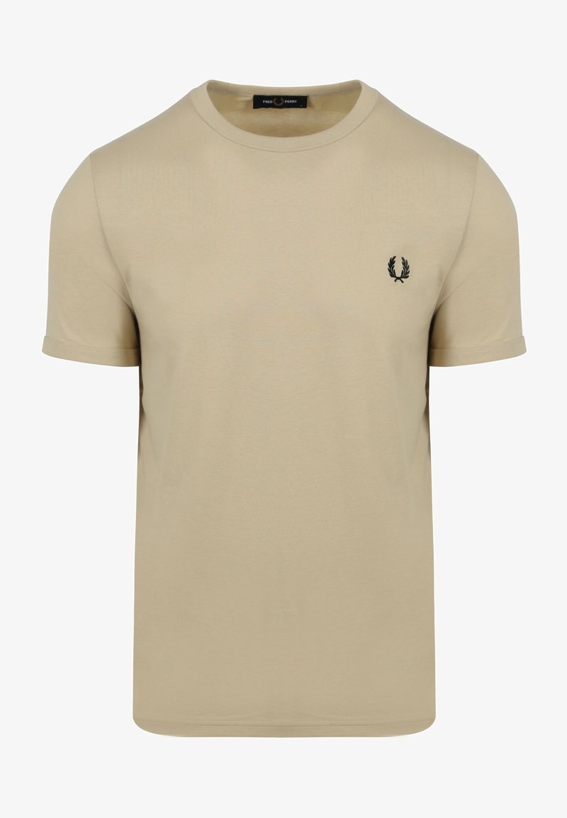T-shirt beige manches courtes col rond avec petit logo couronne de laurier noir sur le côté gauche de la poitrine.