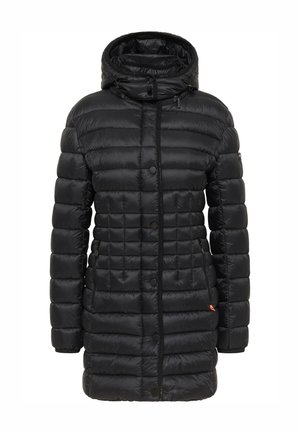 Schwarze Winterjacke mit Steppdesign, hohem Kragen mit verstellbarem Kordelzug, glänzendem Stoff und seitlichen Reißverschlusstaschen.