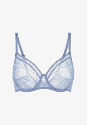 Blå blonde-bh med semi-gennemsigtigt stof, blomsterprint, justerbare stropper og en bølget kant langs skålene.