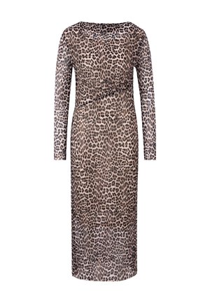 Abito a maniche lunghe in stampa leopardata, con una silhouette aderente, scollo rotondo e tessuto elasticizzato. Design testurizzato con diverse dimensioni delle macchie.