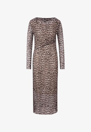 Rochie cu imprimeu leopard, cu mâneci lungi, având o siluetă ajustată, decolteu rotund și țesătură elastică. Design texturat cu dimensiuni variate ale petelor.