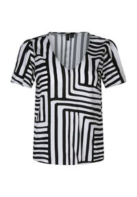 T-shirt med korte ærmer og dyb V-udskæring, der har et iøjnefaldende sort-hvidt geometrisk stribemønster. Lavet af glat, let stof.