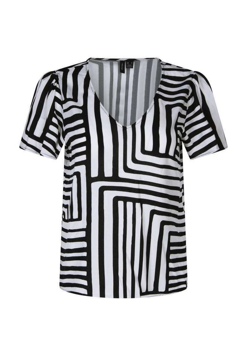 T-shirt med korte ærmer og dyb V-udskæring, der har et iøjnefaldende sort-hvidt geometrisk stribemønster. Lavet af glat, let stof.