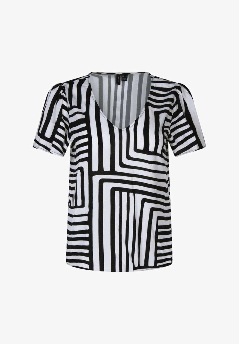 T-shirt med korte ærmer og dyb V-udskæring, der har et iøjnefaldende sort-hvidt geometrisk stribemønster. Lavet af glat, let stof.