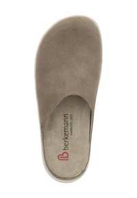 Brown leather clogs with a textured surface, rounded toe, and a cushioned insole featuring a logo. Lightweight construction and slip-on design.