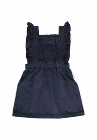 Kornblå kordig klänning med volangremmar, gathered midja och en rosett detalj fram. Slät textur, knälängd.