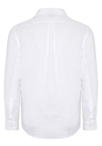 Weißes, langärmliges Leinenhemd mit einem kragenlosen Ausschnitt, geknöpften Manschetten und einem leicht strukturierten Stoff sowie einem geraden Rückendesign.