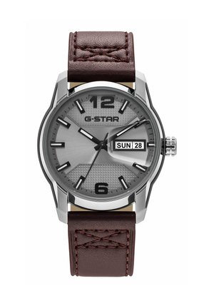 Rund sølv G-Star ur med mørkebrun læderrem, sorte timemarkeringer og display, der viser søndag den 28.