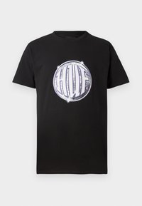 Tricou din bumbac negru, cu un grafic circular reflective care prezintă literele "HUF" în alb. Mâneci scurte și un design clasic de gât rotund.
