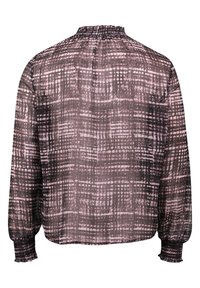 Blouse longue transparente à manches longues avec poignets et encolure élastiques, présentant un motif abstrait à quadrillage rose et noir.