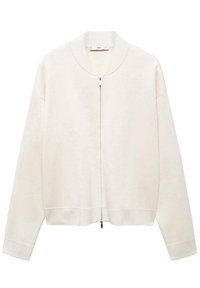 Light cream zip-up cardigan with a round neckline and ribbed cuffs. Made of soft fabric, features a relaxed fit and straightforward design.