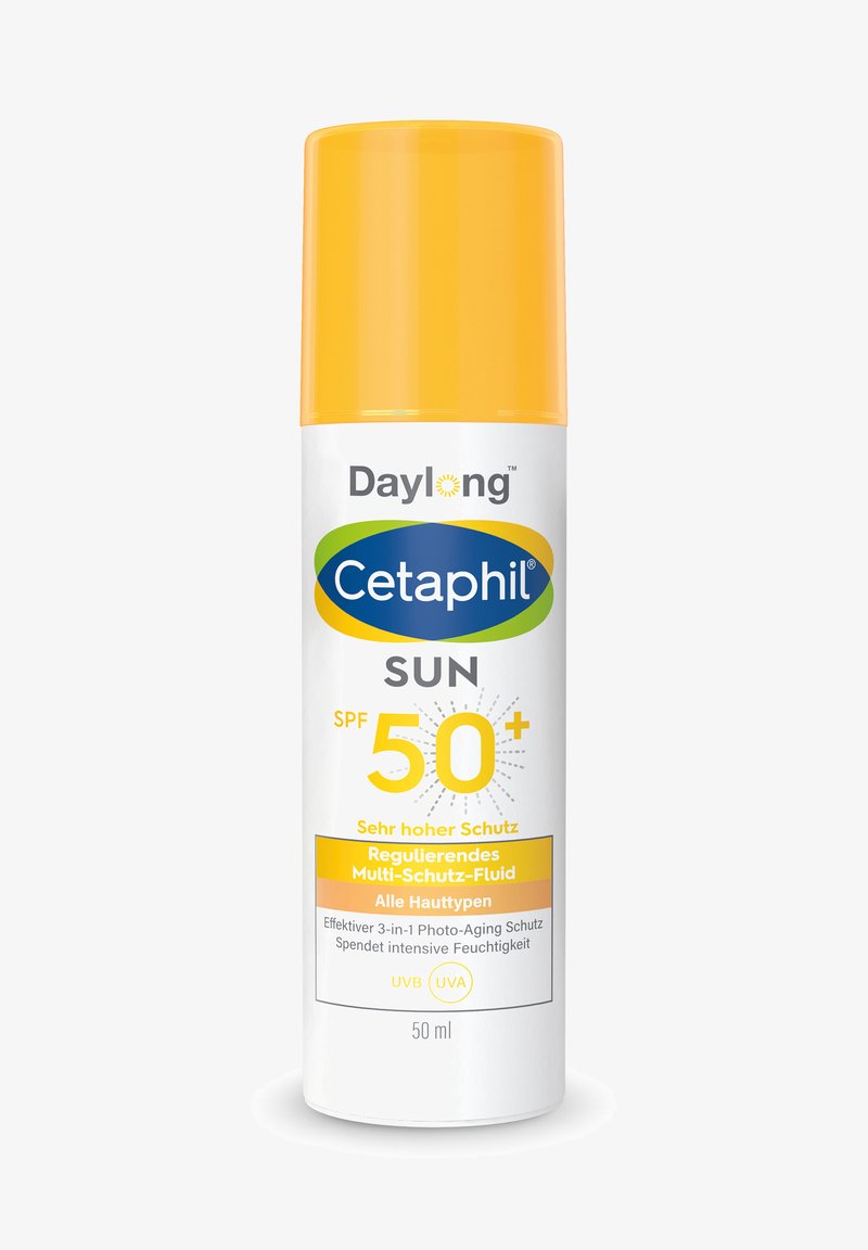 Cetaphil Daylong SPF 50+ Sonnenschutzflasche mit gelbem Deckel, gekennzeichnet als Mehrschutz-Fluid für alle Hauttypen, 50 ml Inhalt.