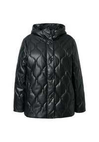 Giacca trapuntata nera in materiale liscio e lucido. Presenta un cappuccio, bottoni a pressione e una vestibilità ampia con un motivo di cucitura ondulato.