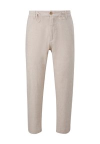 Beige linen trousers with button closure, belt loops, and straight-leg fit.