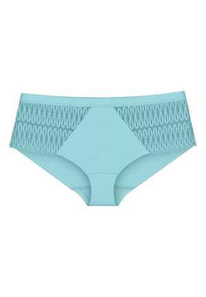 Turquoise vrouwenbrief met een gladde voorkant en ingewikkelde kantdetails aan de zijkanten, met een moderne snit en zachte textuur.
