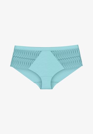 Tüpfelblaues Damenslip mit glattem Vorderteil und aufwändiger Spitzenverzierung an den Seiten, modernem Schnitt und weicher Textur.
