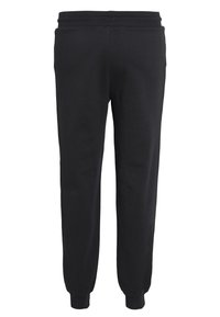 Czarne bawełniane spodnie dresowe z elastycznym pasem, dopasowanymi ściągaczami i gładką fakturą, o prostym, nieozdobionym designie.