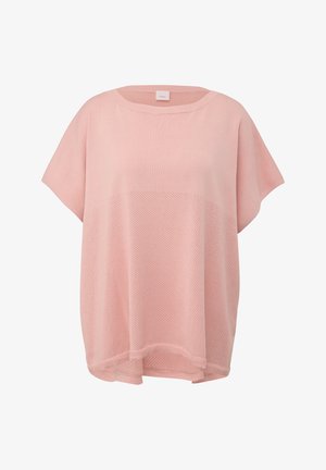 Top en tricot oversize rose clair avec un motif texturé, des manches larges et un col arrondi. Il présente une coupe décontractée et un tissu doux.