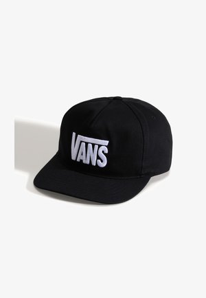 Black snapback cap made of cotton blend, featuring a white embroidered "VANS" logo on the front, with a flat visor and structured crown.